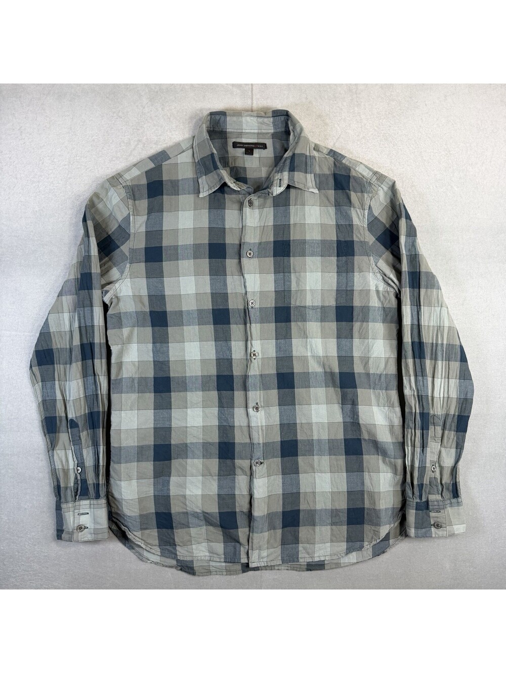 John Varvatos Shirt Mens Large Gray Blue Plaid Lightweight Button Up Long Sleeve